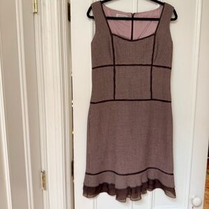 Kay Unger Brown & Dusty Pink Houndstooth Wool Sleeveless Midi Dress, Ruffles